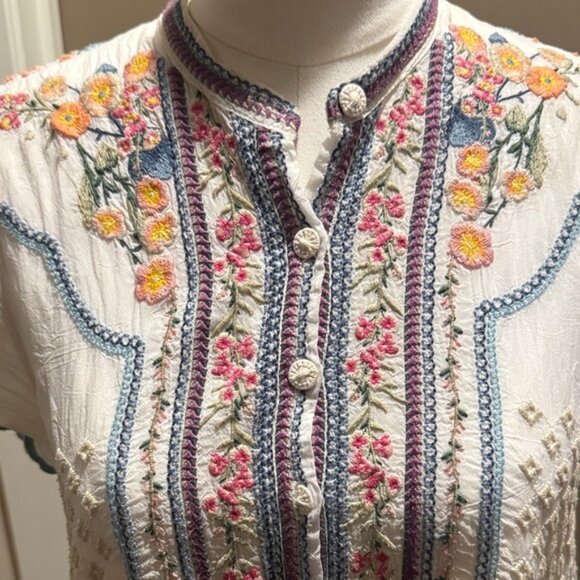 Johnny Was White Embroidered Floral Tunic with Blue and Yellow Accents - Picture 2 of 9